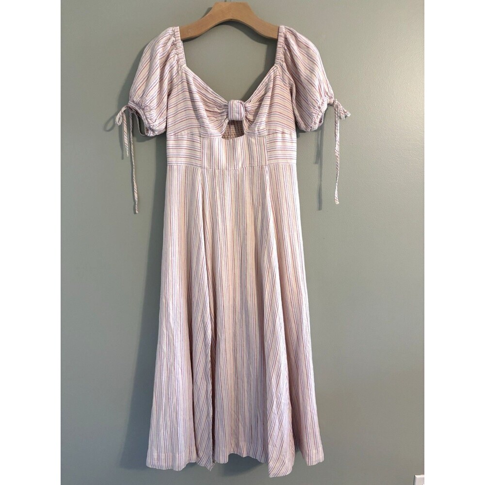 Free People Linen Blend Midi Dress Stripe Cut Out Boho Cottage Coastal Peasant